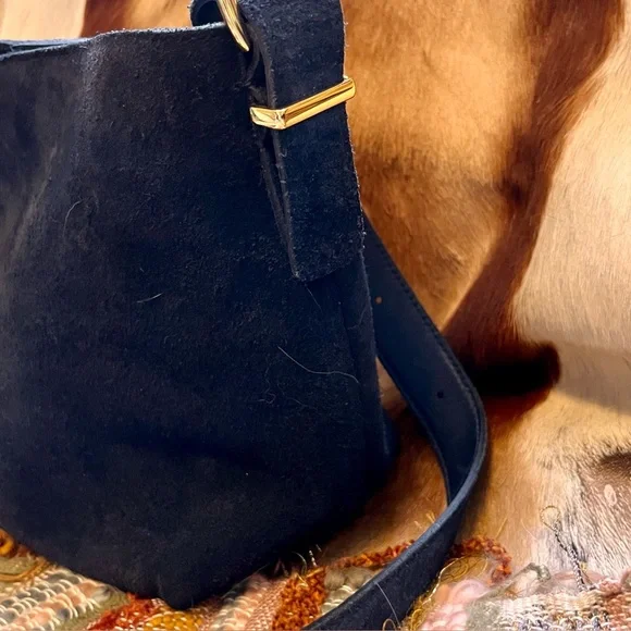 🆕 Madewell dark navy black suede & leather mini tote bucket crossbody bag - Picture 5 of 9